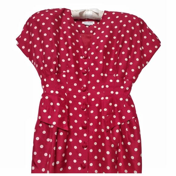ANN TAYLOR Vintage Polka Dot Dress Size 6 Red Silk Fitted Tailored Retro 80s 90s - Picture 11 of 15